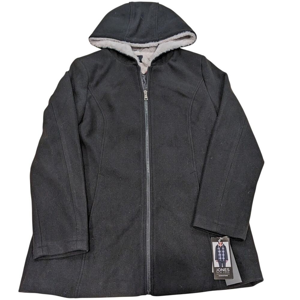 Jones New York Signature Black Jacket Faux Fur Lined Hood Full Zip Women’s M